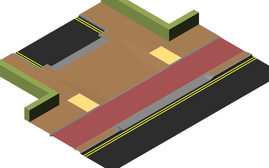 An isometric computer generated image of a continuous treatment at a junction. The footways are buff with yelow tactile paving either side of the side street with a red cycle track next to the main road. Grey entrance kerbs provide ramps over the walking and cycling area.